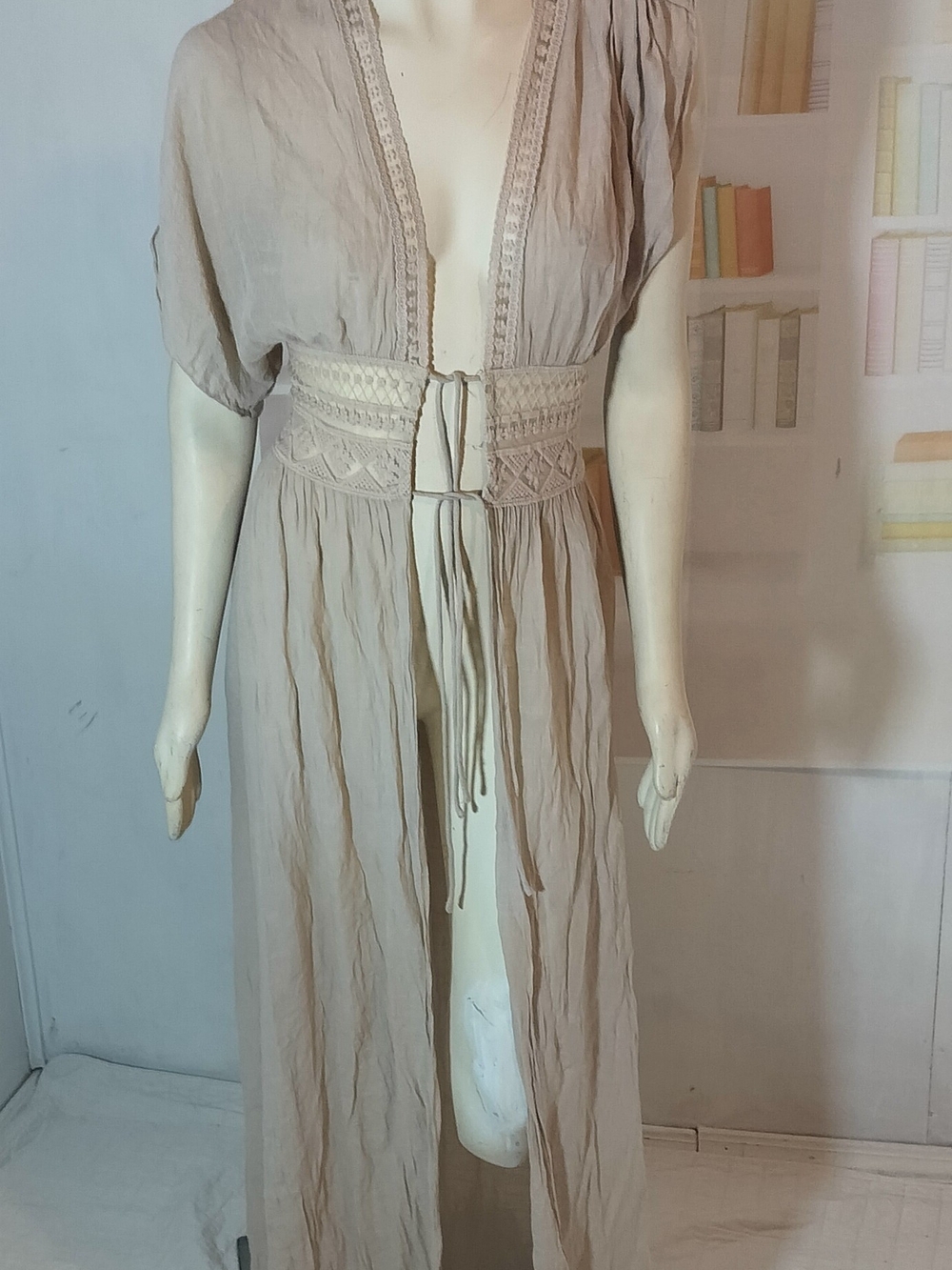 Aakaa Sheer Crochet-Waist Robe in Taupe